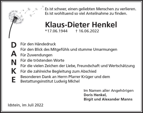 Traueranzeige von Klaus-Dieter Henkel von vrm-trauer Wiesbadener Kurier