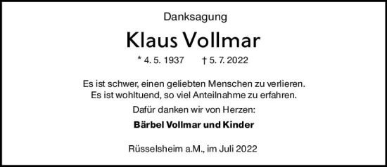 Traueranzeige von Klaus Vollmar von vrm-trauer Rüsselsheimer Echo / MainSpitze