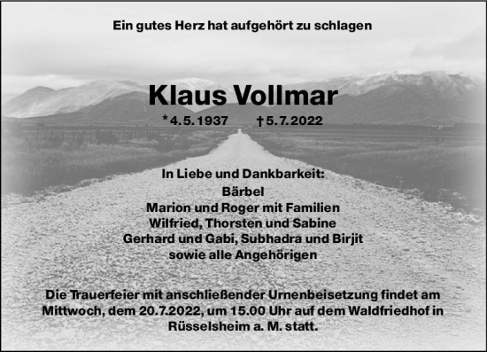 Traueranzeige von Klaus Vollmar von vrm-trauer Rüsselsheimer Echo / MainSpitze