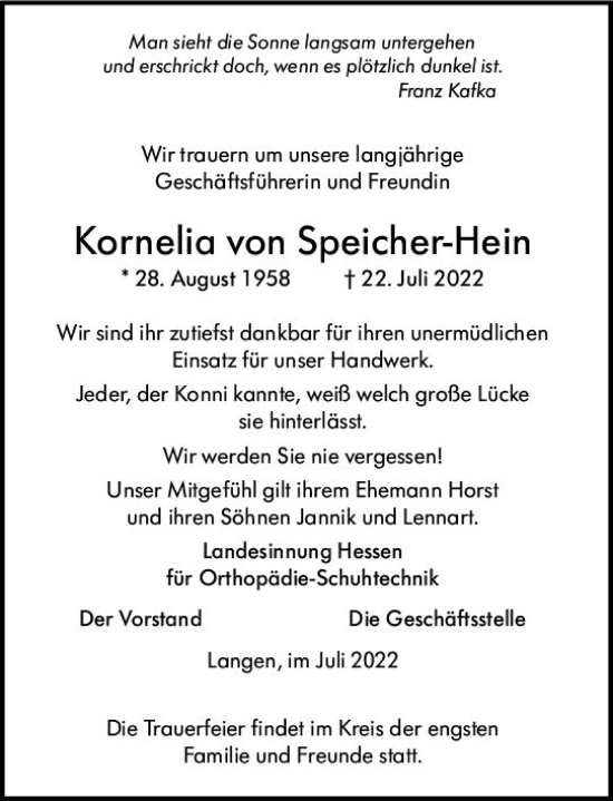 Traueranzeige von Kornelia von Speicher-Hein von vrm-trauer Odenwälder Echo
