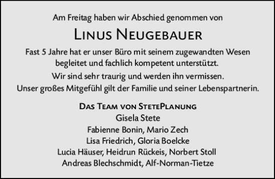 Traueranzeige von Linus Neugebauer von vrm-trauer Darmstädter Echo