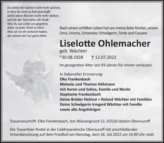 Traueranzeige von Liselotte Ohlemacher von vrm-trauer Idsteiner Zeitung