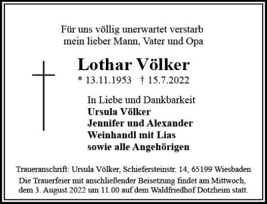 Traueranzeige von Lothar Völker von vrm-trauer Wiesbadener Kurier