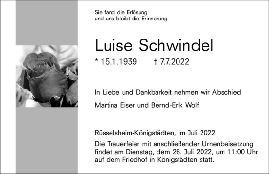 Traueranzeige von Luise Schwindel von vrm-trauer Rüsselsheimer Echo / MainSpitze