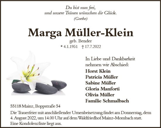 Traueranzeige von Marga Müller-Klein von vrm-trauer AZ Mainz