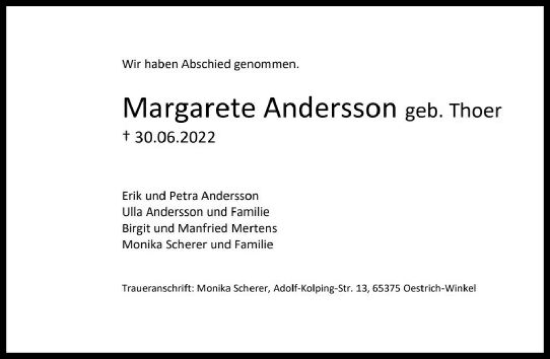 Traueranzeige von Margarete Andersson von vrm-trauer Wiesbadener Kurier