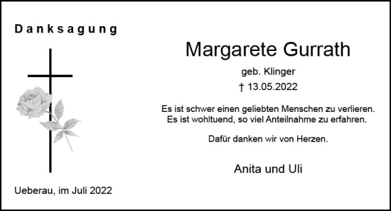 Traueranzeige von Margarete Gurrath von vrm-trauer Darmstädter Echo