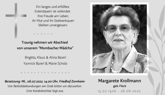 Traueranzeige von Margarete Krollmann von vrm-trauer AZ Mainz
