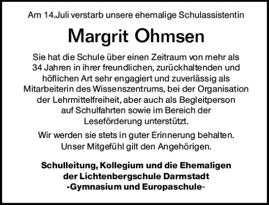 Traueranzeige von Margrit Ohmsen von vrm-trauer Darmstädter Echo