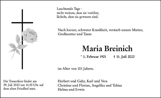 Traueranzeige von Maria Breinich von vrm-trauer Hochheimer Zeitung