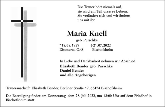 Traueranzeige von Maria Knell von vrm-trauer Groß-Gerauer Echo