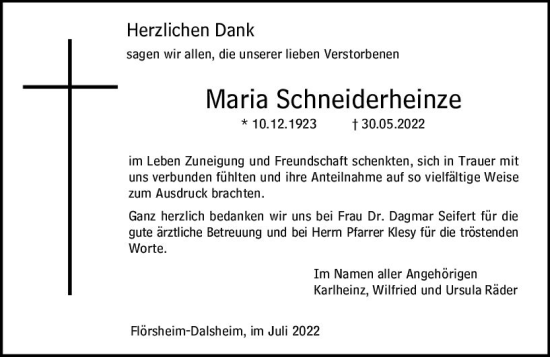 Traueranzeige von Maria Schneiderheinze von vrm-trauer Wormser Zeitung