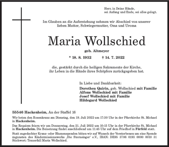 Traueranzeige von Maria Wollschied von vrm-trauer Allg. Zeitung Bad Kreuznach