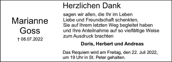Traueranzeige von Marianne Goss von vrm-trauer Bürstädter/Lamperth. Ztg/Starkenburger