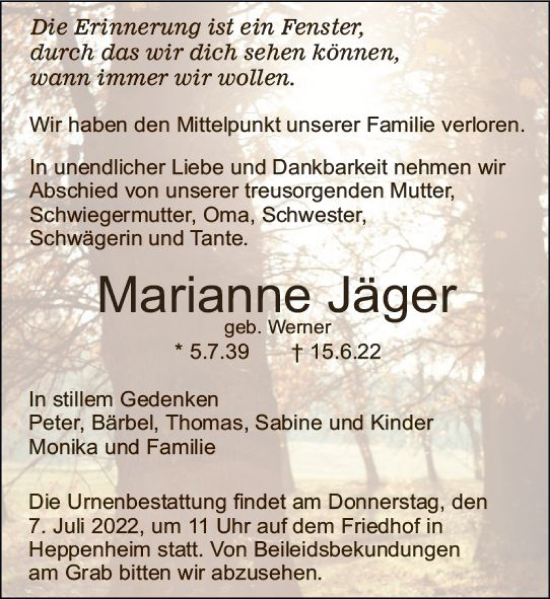 Traueranzeige von Marianne Jäger von vrm-trauer Bürstädter/Lamperth. Ztg/Starkenburger