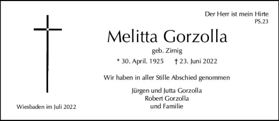 Traueranzeige von Melitta Gorzolla von vrm-trauer Wiesbadener Kurier