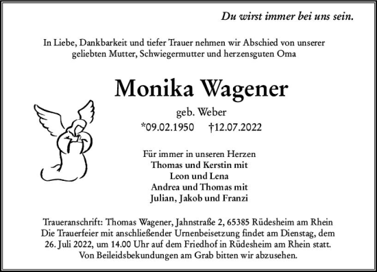 Traueranzeige von Monika Wagener von vrm-trauer Rheingau