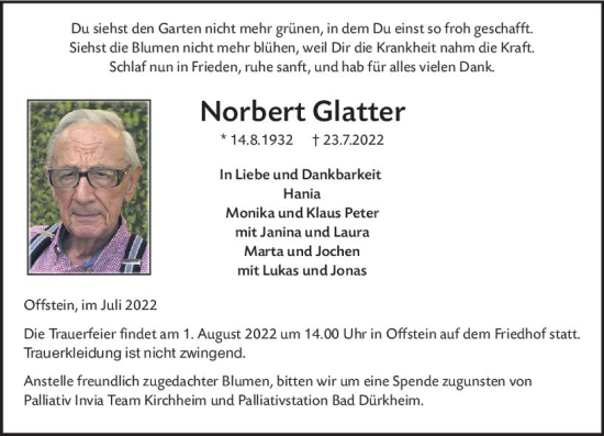 Traueranzeige von Norbert Glatter von vrm-trauer Wormser Zeitung