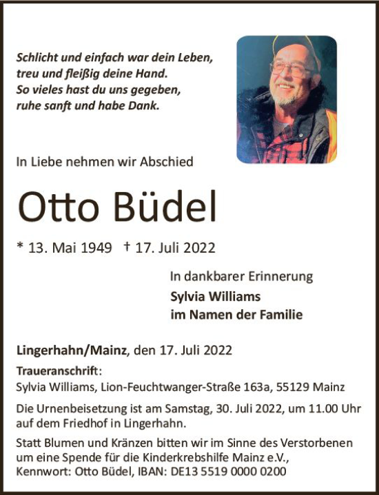 Traueranzeige von Otto Büdel von vrm-trauer Wiesbadener Kurier