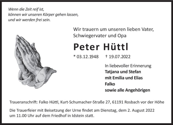 Traueranzeige von Peter Hüttl von vrm-trauer Idsteiner Zeitung