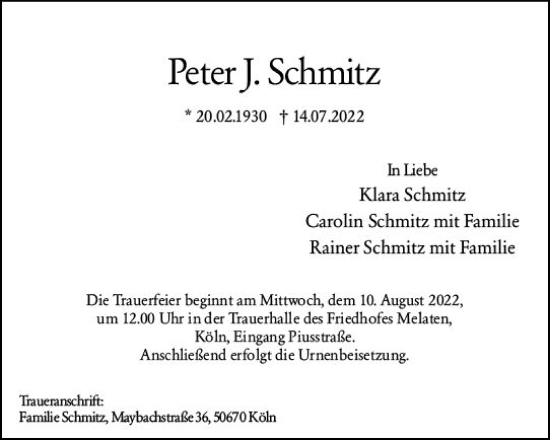 Traueranzeige von Peter J. Schmitz von vrm-trauer Wiesbadener Kurier