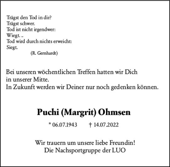 Traueranzeige von Puchi Ohmsen von vrm-trauer Darmstädter Echo