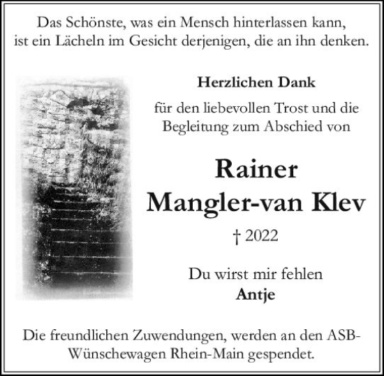 Traueranzeige von Rainer Mangler-van Klev von vrm-trauer Rüsselsheimer Echo / MainSpitze