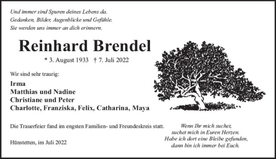Traueranzeige von Reinhard Brendel von vrm-trauer Idsteiner Zeitung