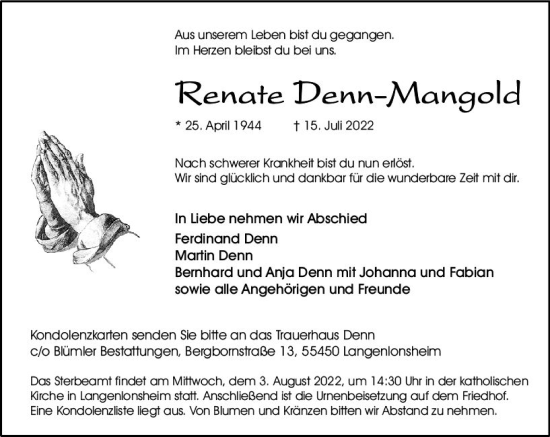 Traueranzeige von Renate Denn-Mangold von vrm-trauer Allg. Zeitung Bad Kreuznach