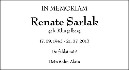 Traueranzeige von Renate Sarlak von vrm-trauer Wiesbadener Kurier