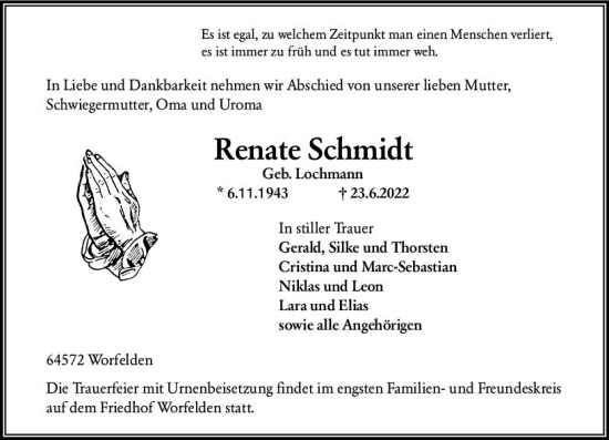 Traueranzeige von Renate Schmidt von vrm-trauer Groß-Gerauer Echo