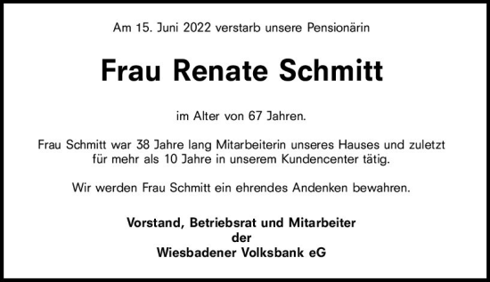 Traueranzeige von Renate Schmitt von vrm-trauer Wiesbadener Kurier