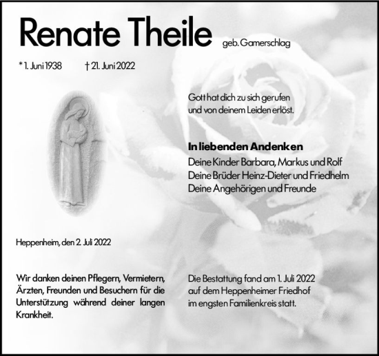 Traueranzeige von Renate Theile von vrm-trauer Bürstädter/Lamperth. Ztg/Starkenburger