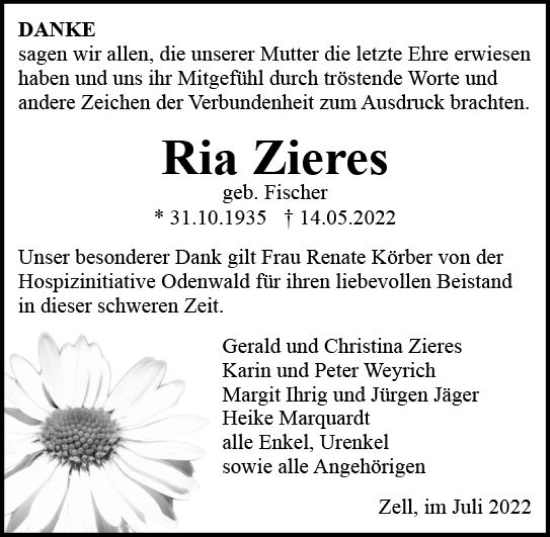 Traueranzeige von Ria Zieres von vrm-trauer Odenwälder Echo