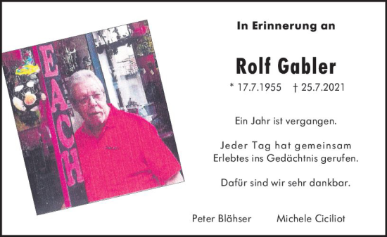 Traueranzeige von Rolf Gabler von vrm-trauer Hochheimer Zeitung