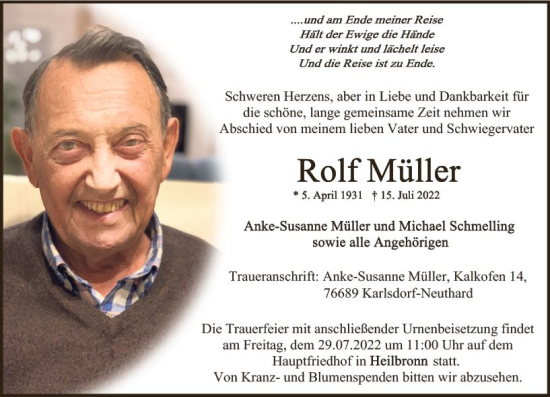 Traueranzeige von Rolf Müller von vrm-trauer Wiesbadener Kurier