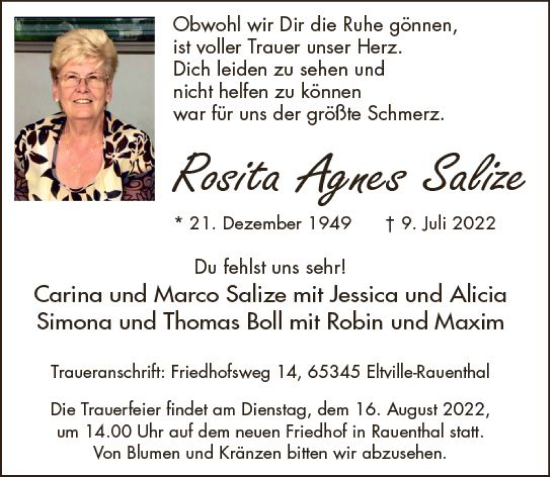 Traueranzeige von Rosita Agnes Salize von vrm-trauer Rheingau