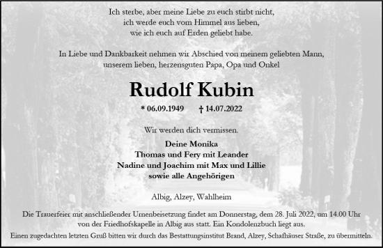 Traueranzeige von Rudolf Kubin von vrm-trauer Allgemeine Zeitung Alzey