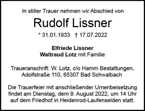 Traueranzeige von Rudolf Lissner von vrm-trauer Wiesbadener Kurier