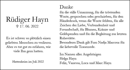 Traueranzeige von Rüdiger Hayn von vrm-trauer Rheingau