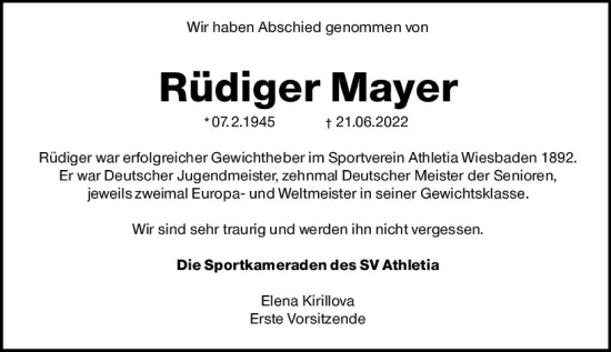 Traueranzeige von Rüdiger Mayer von vrm-trauer Wiesbadener Kurier