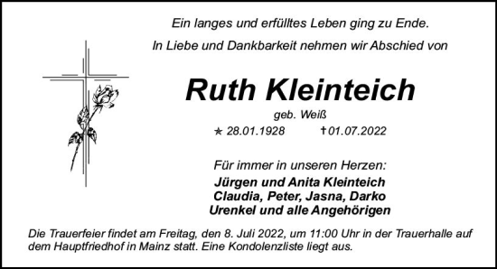 Traueranzeige von Ruth Kleinteich von vrm-trauer AZ Mainz