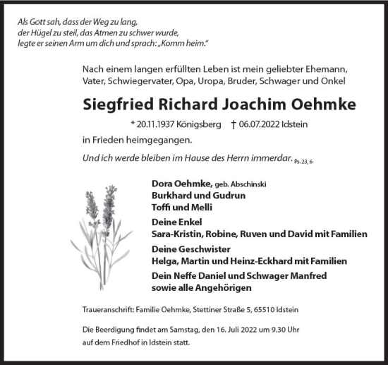 Traueranzeige von Siegfried Richard Joachim Oehmke von vrm-trauer Idsteiner Zeitung