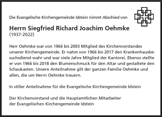 Traueranzeige von Siegfried Richard Joachim Oehmke von vrm-trauer Idsteiner Zeitung