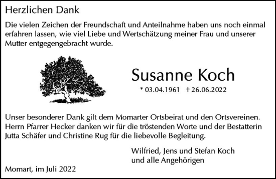 Traueranzeige von Susanne Koch von vrm-trauer Odenwälder Echo