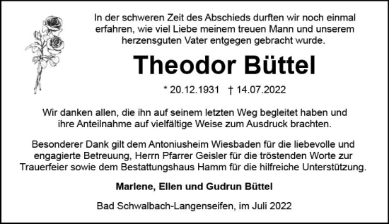 Traueranzeige von Theodor Büttel von vrm-trauer Wiesbadener Kurier