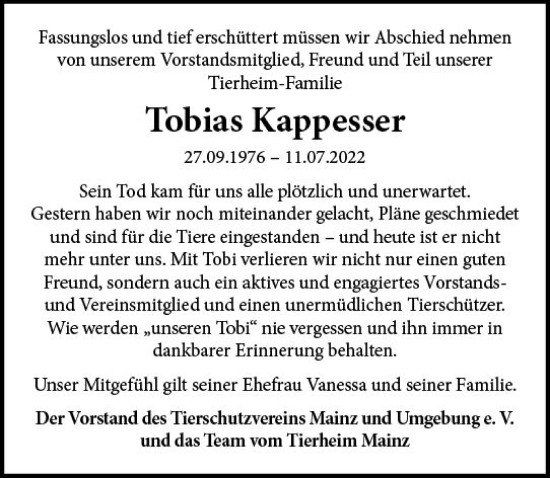 Traueranzeige von Tobias Kappesser von vrm-trauer AZ Mainz