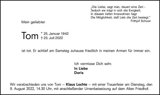 Traueranzeige von Tom  von vrm-trauer Hochheimer Zeitung