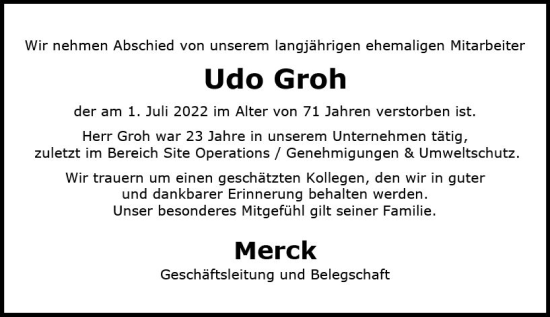 Traueranzeige von Udo Groh von vrm-trauer Darmstädter Echo