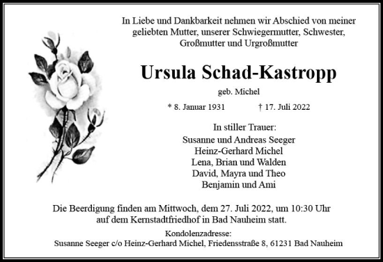 Traueranzeige von Ursula Schad-Kastropp von vrm-trauer Darmstädter Echo